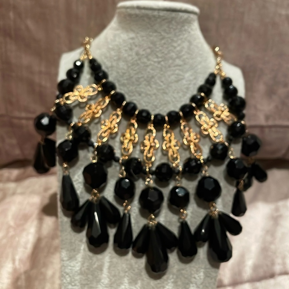 Beaded Cross Necklace Bib Black and Gold Ornate Style 18” plus 3” long